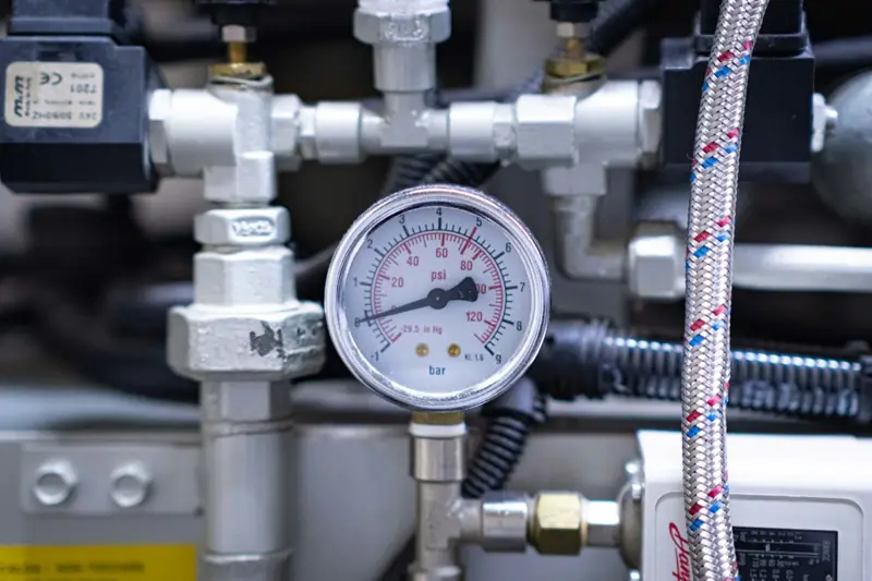 Pressure gauge on stainless fittings with braided hose
