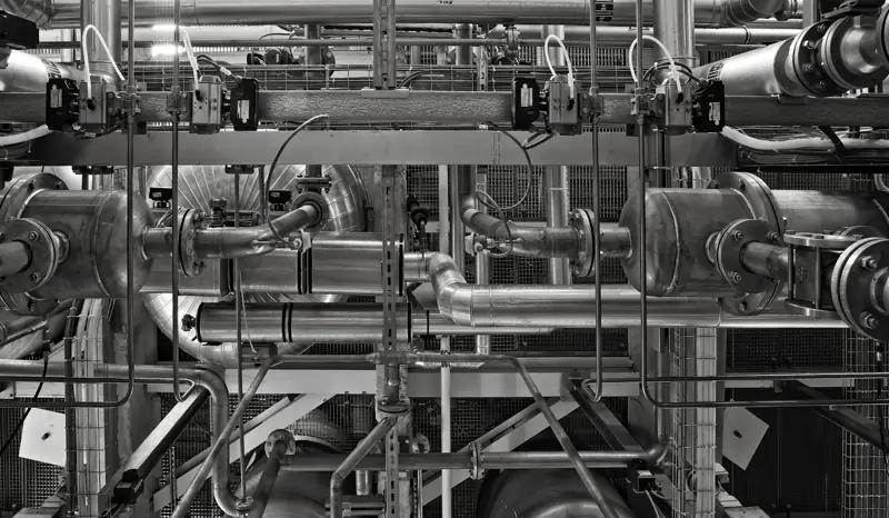 Network of stainless pipes, valves and actuators